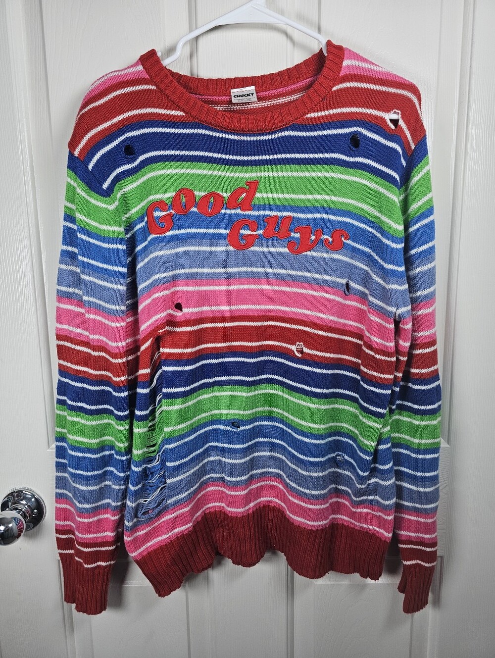 Chucky Good Guys Distressed Striped Knit Sweater Horror Movie Halloween Size L